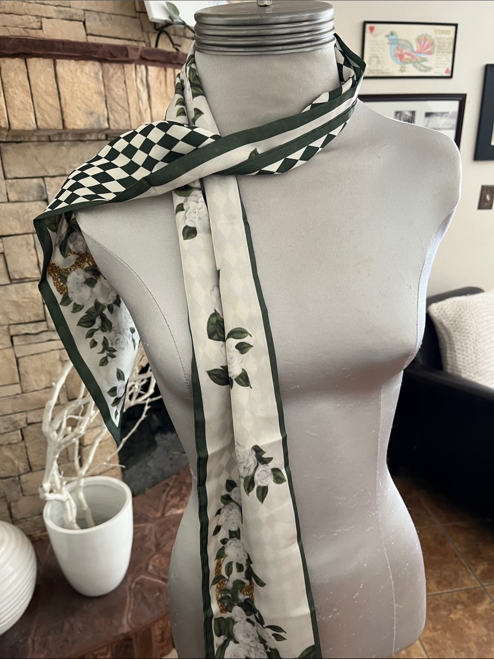 Green White Floral Harlequin Neck or Head Scarf - Picture 4 of 4